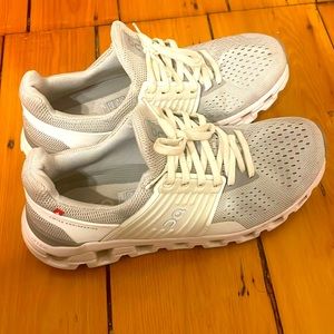 Lightly used white and gray OnCloud running sneakers
